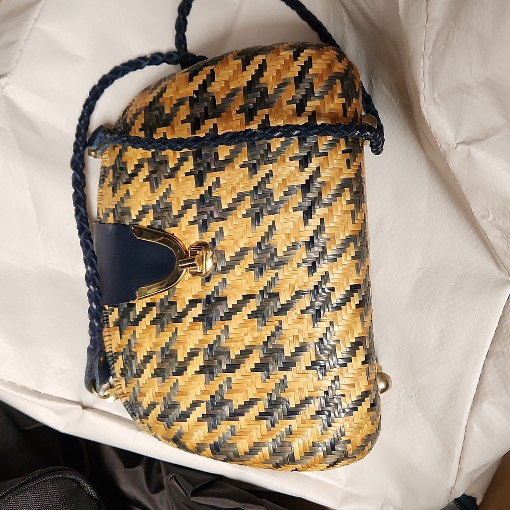 Vintage Wicker Rattan Handbag Purse with Woven Leather Shoulder Strap